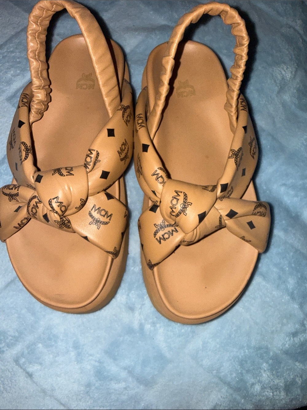 MCM Cognac Knotted Logo Slingback Sandals